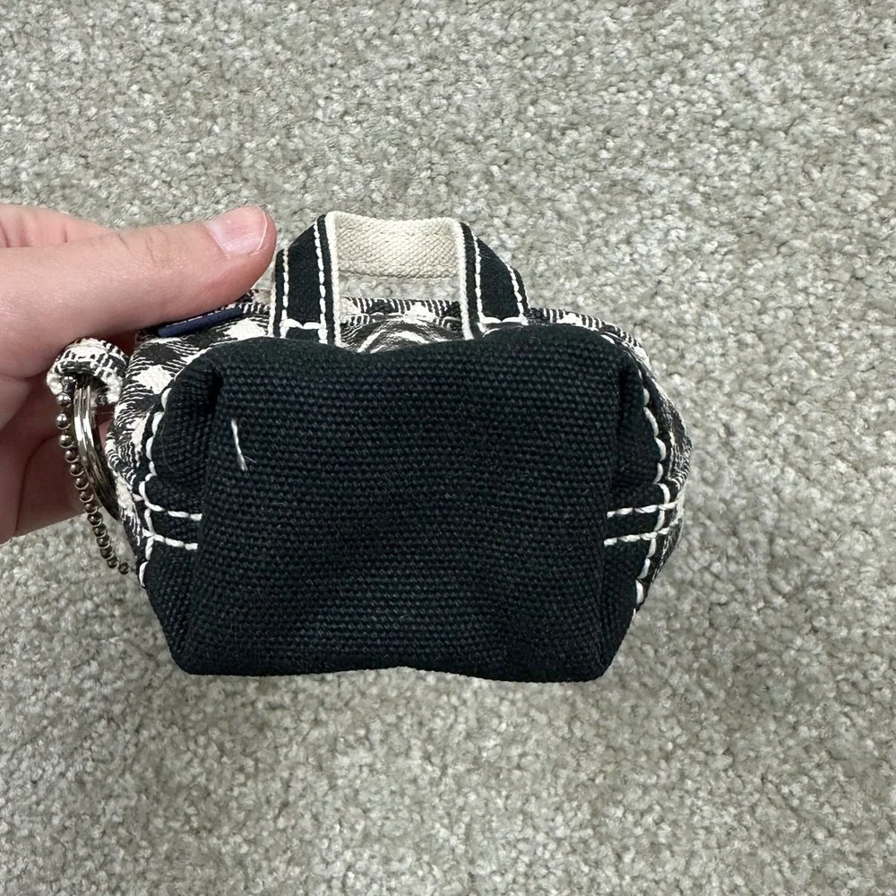 Lands' End Mini Tote Bag Keychain Black Natural Gingham Canvas Zipper Bag Charm